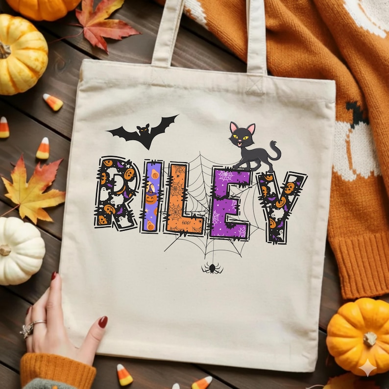 Personalized Halloween Name Tote Bag - Spooky Cat Bat Pumpkin Fall Gift