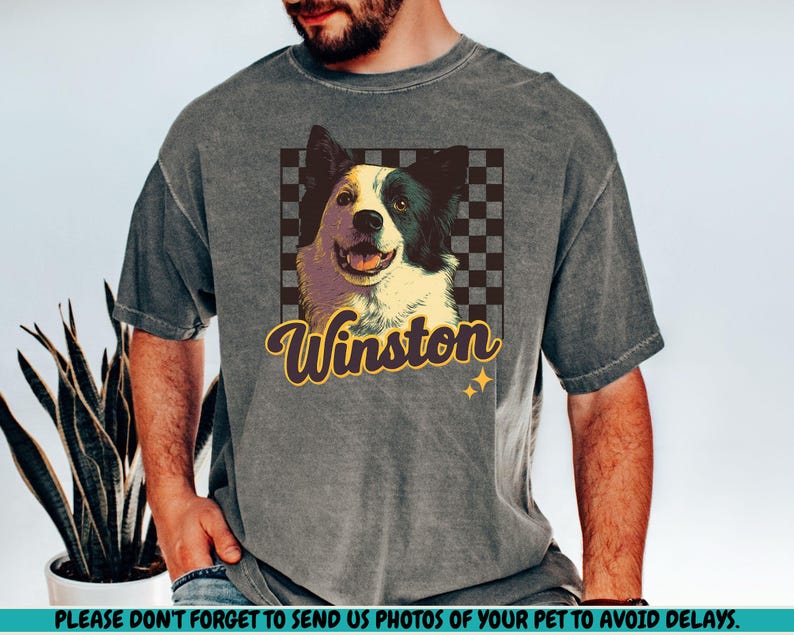 Custom Pet Portrait Retro Checkered Border Dog Cat Name Personalized Animal Art Top Comfort Colors T-Shirt