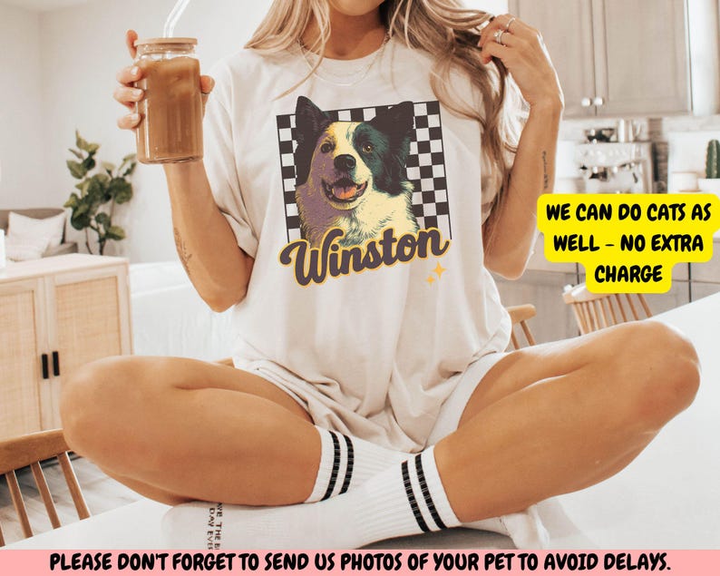 Custom Pet Portrait Retro Checkered Border Dog Cat Name Personalized Animal Art Top