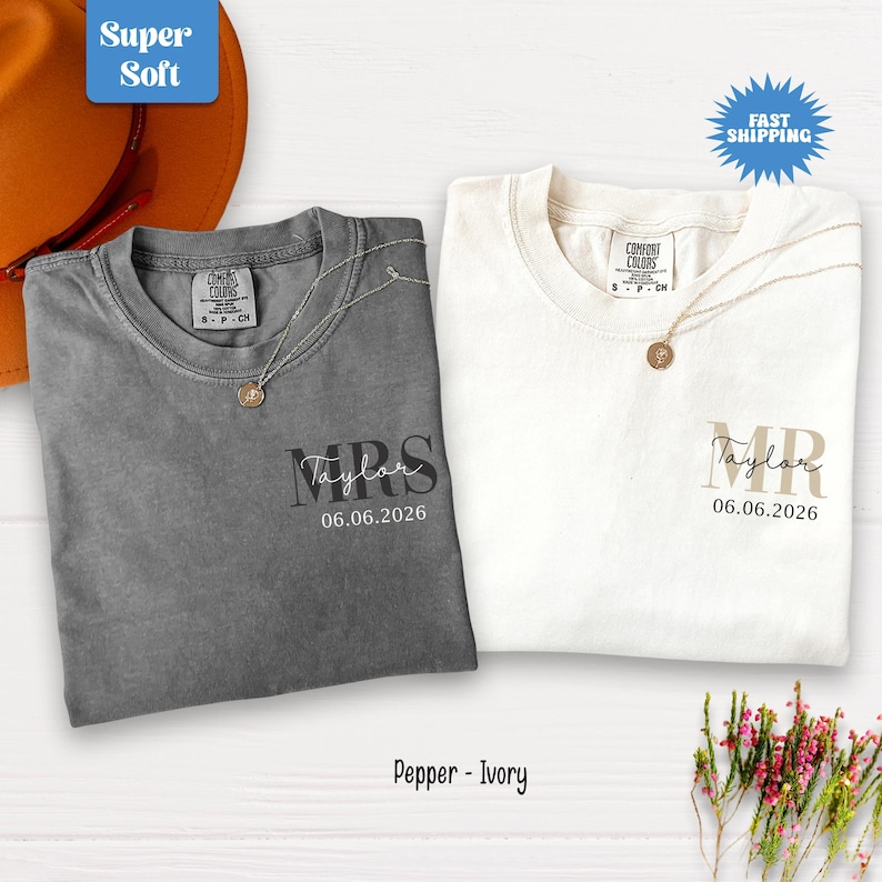 Mr & Mrs Personalized Wedding Date - Matching Honeymoon Couple - Bridal Party Celebration