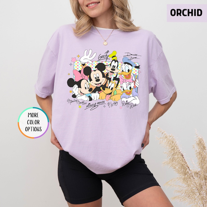 Retro Mickey And Friends Autograph Top - Checkered Pastel Cartoon Character Vacation Clothing