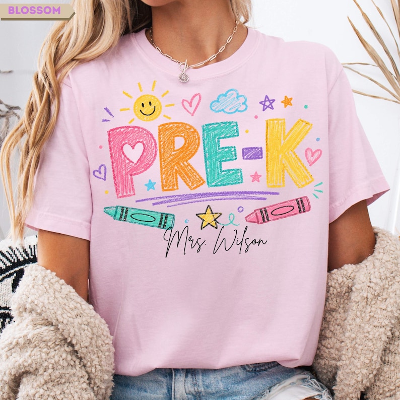 Personalized Pre-K Teacher Crayon Doodle Top - Colorful Back To School Educator Gift Apparel