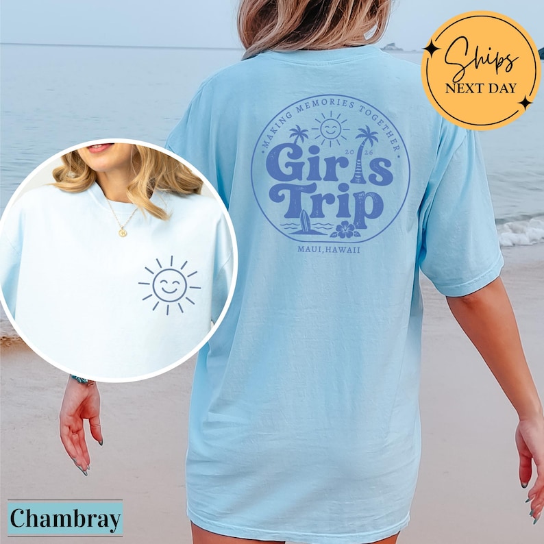 Custom Girls Trip 2026 Top - Personalized Matching Beach Vacation Sunny Doodles Graphic