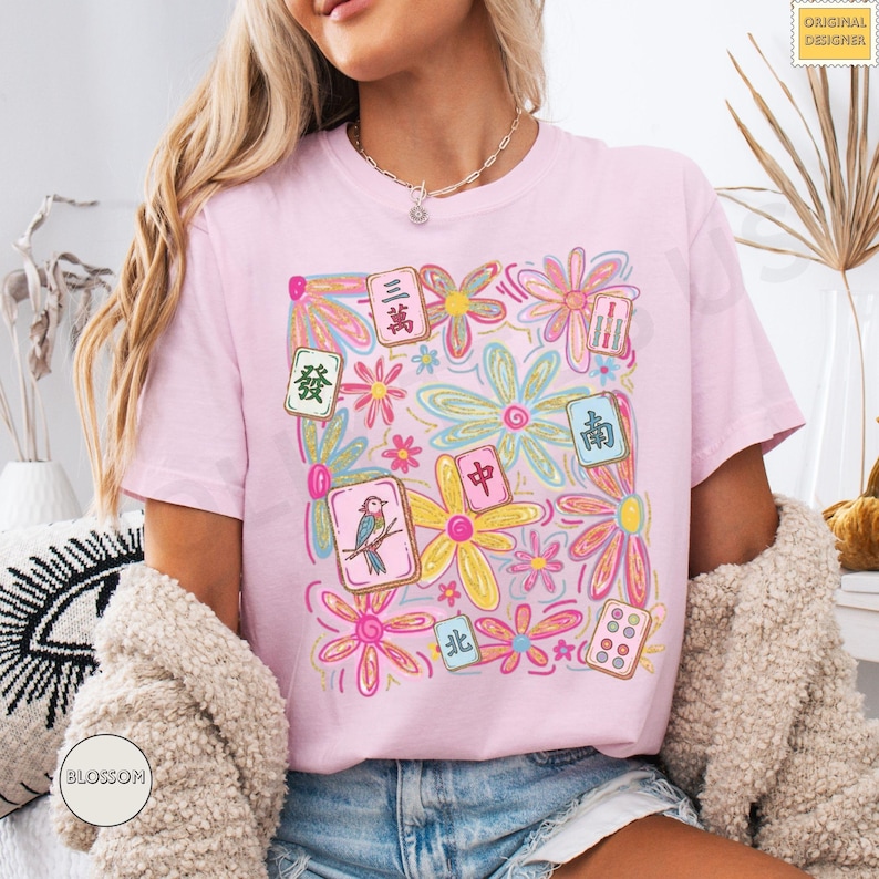 Mahjong Tile Floral Pattern Aesthetic Retro Game Night Merch Apparel Top