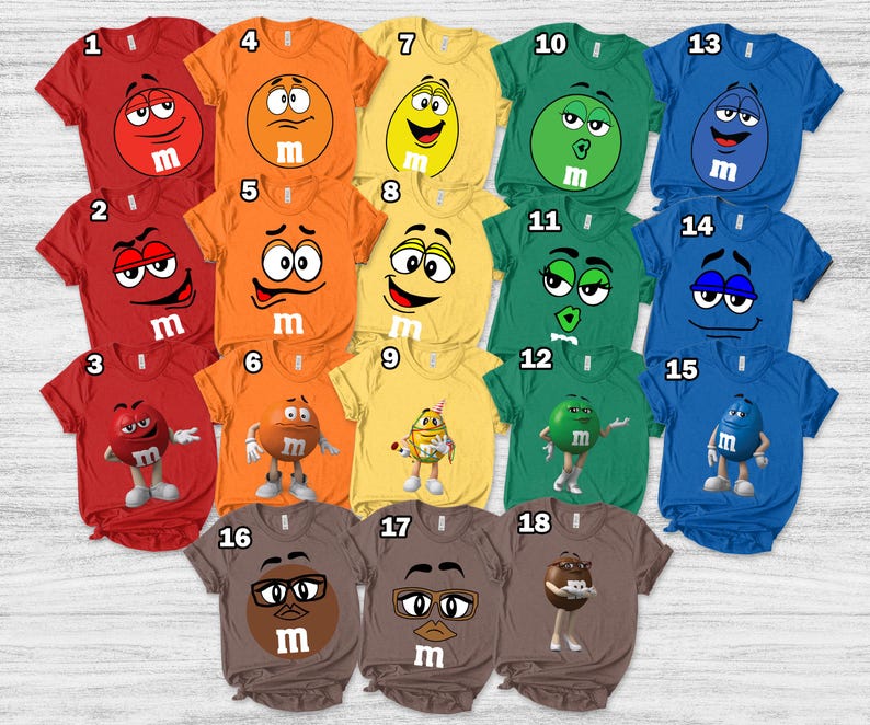 M&M Candies - Colorful Chocolate Candy Characters Group Matching Faces Design Merch Apparel Top