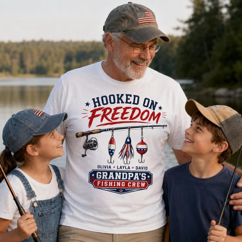 Grandpa’s Fishing Gift - Patriotic Hooked On Freedom -Custom Grandkids Names Fishing Gift - 4th of