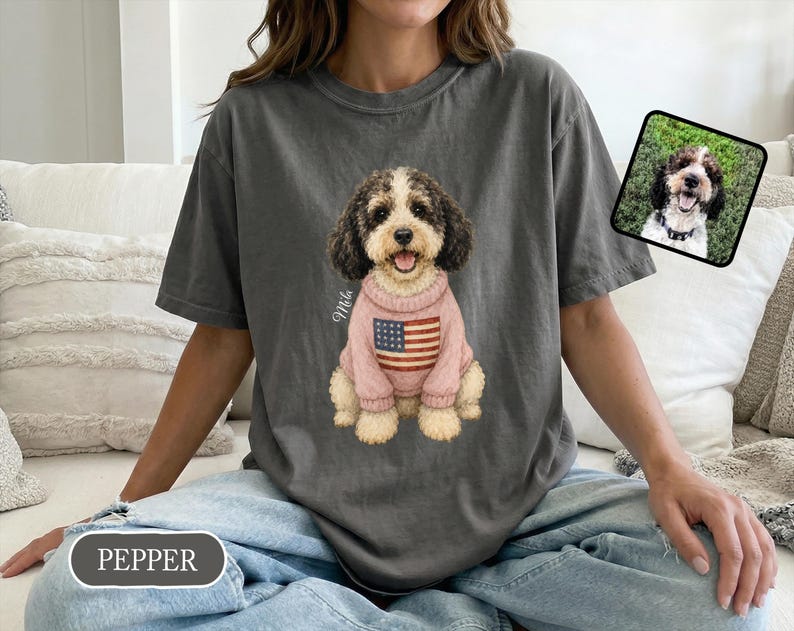 Personalized Dog or Cat Portrait with Name - American Flag Pet Lover Gift
