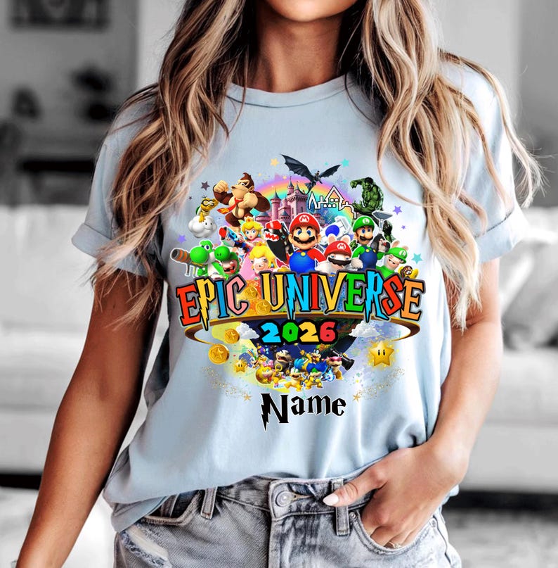 Custom Epic Universe 2026 Top - Personalized Family Theme Park Vacation Characters Graphic