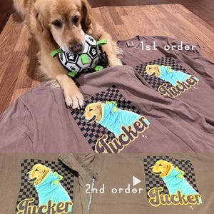 My first order was honestly a 5-star experience, which is why I confidently ordered a second shirt in another size so my husband and I could wear matching shirts for our fur baby Tucker’s birthday trip. Unfortunately, the second shirt came out very different in color even though I requested the exact same design. The tones looked much more yellow and muddy compared to the first shirt. I specifically chose the blue outfit in the design to avoid an overly yellow look on the brown shirt, so this was really disappointing. The sizing change was my own choice, but I did not expect such a noticeable color difference between matching shirts. Because of this inconsistency, I could only leave 4 stars instead of the 5 stars I originally would have given.