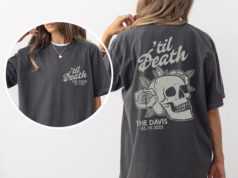 Custom Til Death Skull Roses Top - Personalized Last Name Wedding Date Couple Gothic Apparel