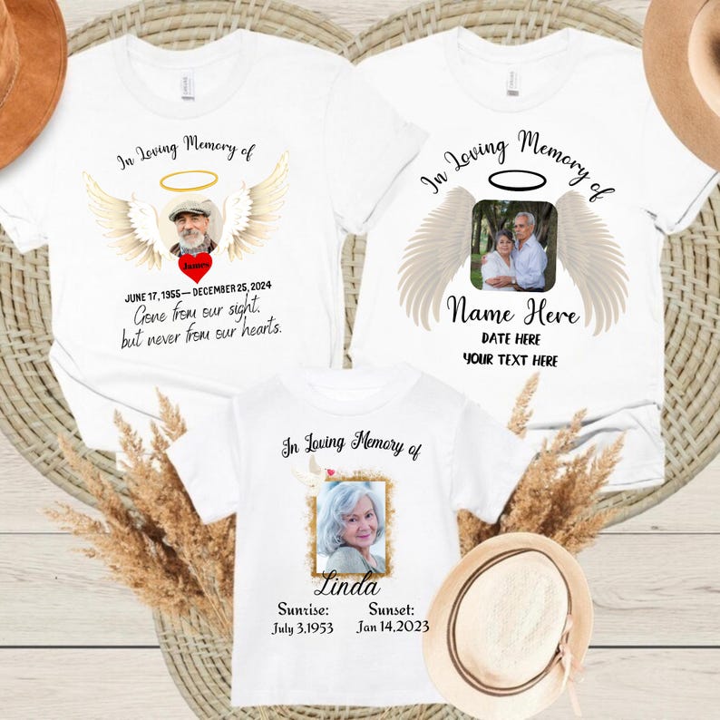 Custom Photo In Loving Memory Top - Personalized Memorial Picture Angel Wings Remembrance Apparel Bella Canvas T-Shirt